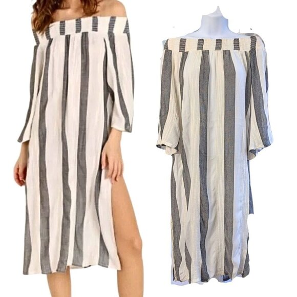 L*SPACE Swim Izzy Beach Bum Strip Print Cover-Up Gray & Soft White Striped Sz S - Picture 1 of 8